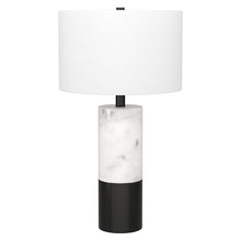 24" Black and White Marble and Metal Cylinder Table Lamp With White Drum Shade