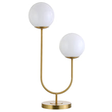 28" Gold Metal Two Light Novelty Table Lamp With White Globe Shade