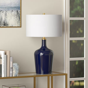 25" Blue Glass Urn Table Lamp With White Drum Shade