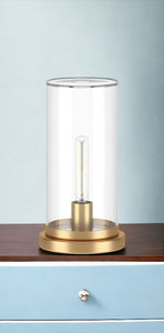 13" Brass Metal Table Lamp With Clear Cylinder Shade