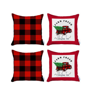 Set Of Four 18 X 18 Red And Black Plaid Zippered Polyester Christmas Tree Throw Pillow Cover