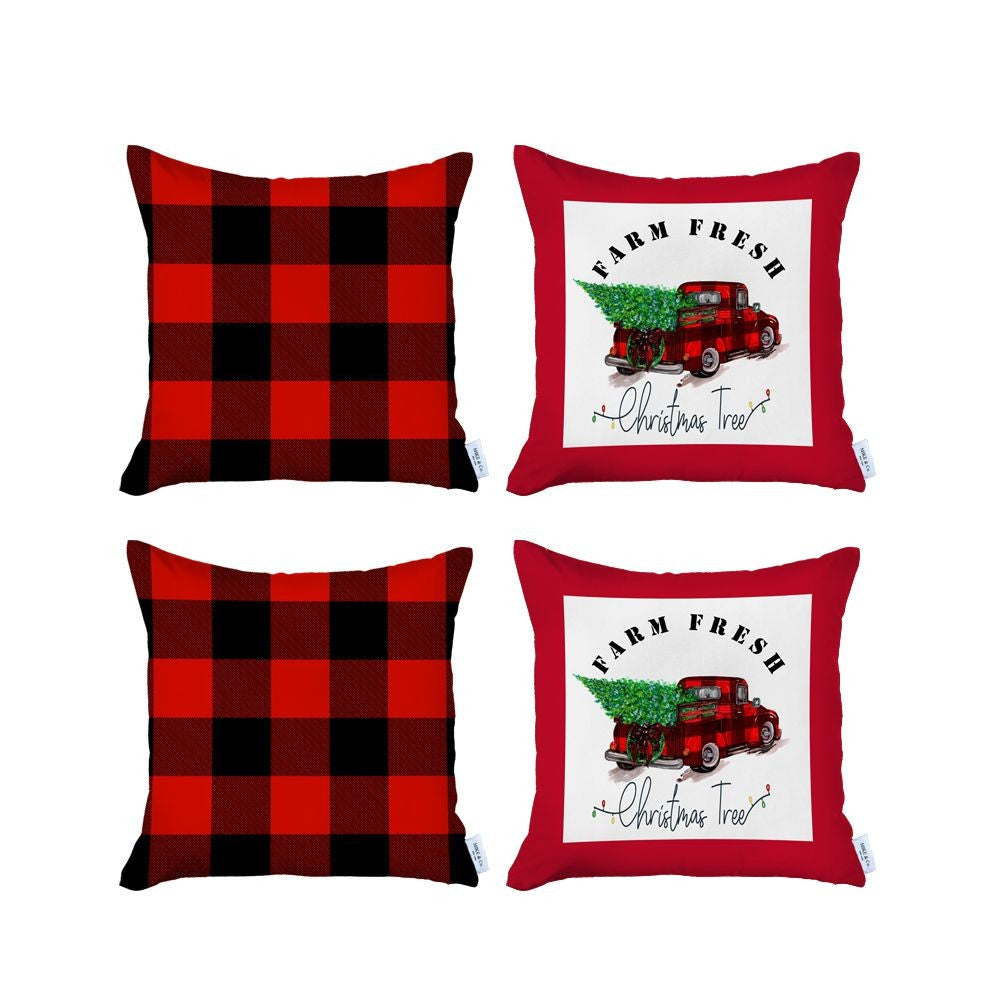 Set Of Four 18 X 18 Red And Black Plaid Zippered Polyester Christmas Tree Throw Pillow Cover