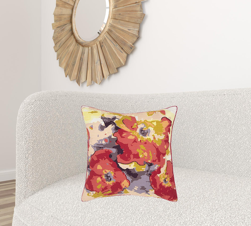 Red Gold Poppy Floral Throw Pillow